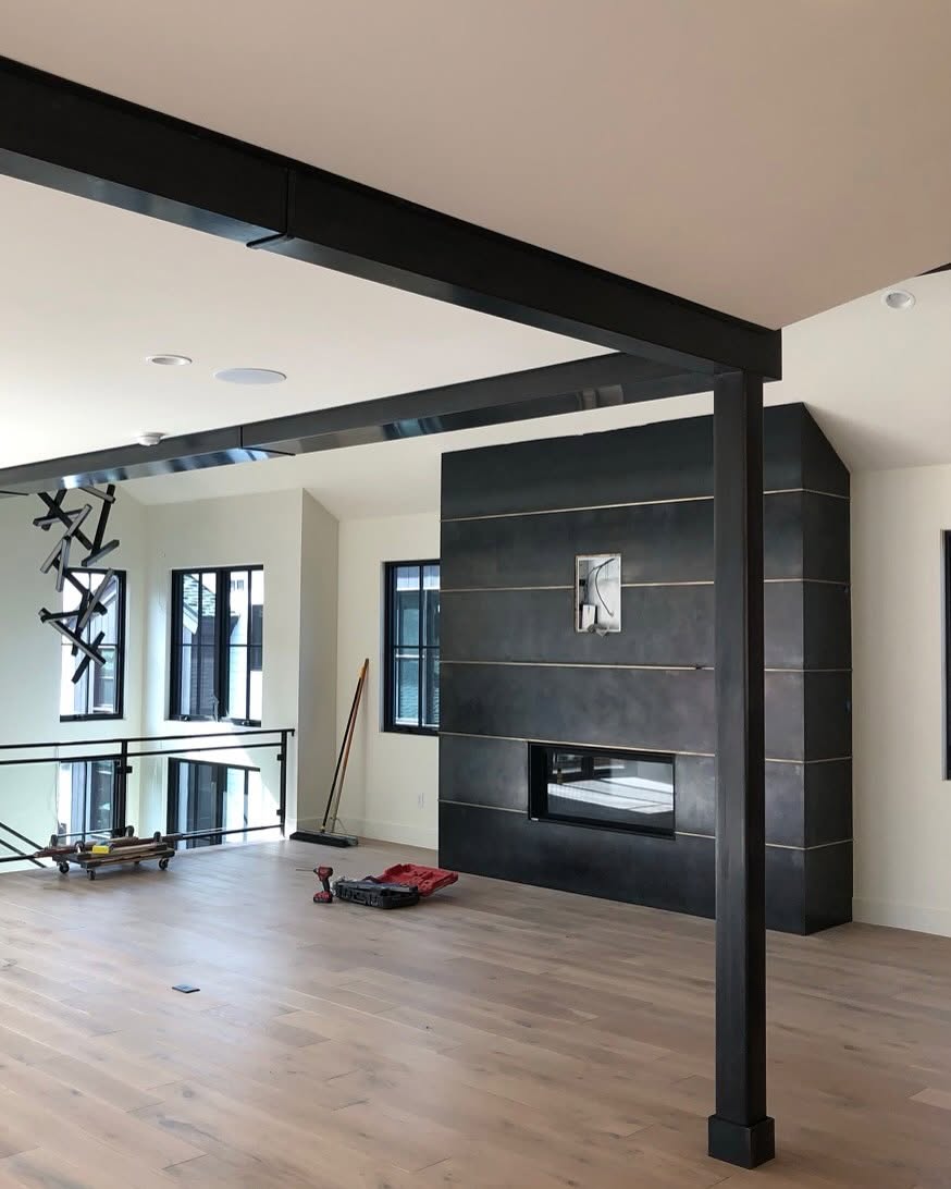 Structural steel beam and column in a modern home
