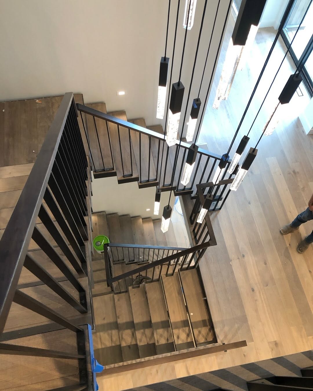 Modern steel stair railings, overhead view
